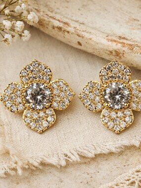 Cubic Zirconia Flower Petal Stud Earrings Gold Toned New